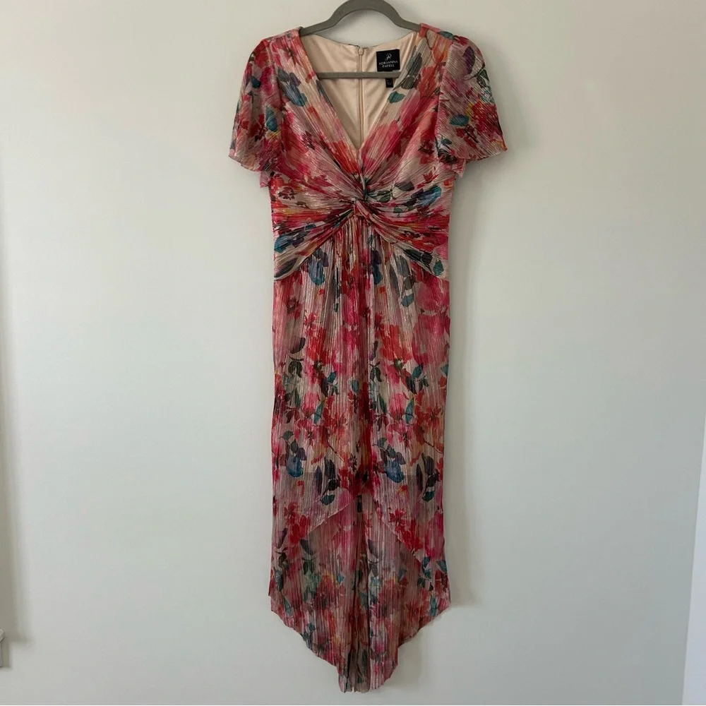 Adrianna Papell Floral Metallic Pleated Twist Front Hi Low Flutter Sleeve Gown 4
